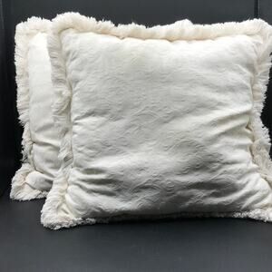 Set of 2 Embroidered Farmhouse Boho Sofa Linen Tasseled Fringe Pillows Off White